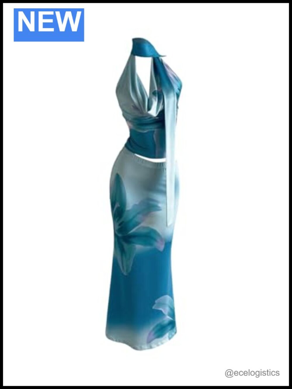 2 Piece Floral Matching Set - Halter Top & Fishtail Skirt with Neck Scarf,
